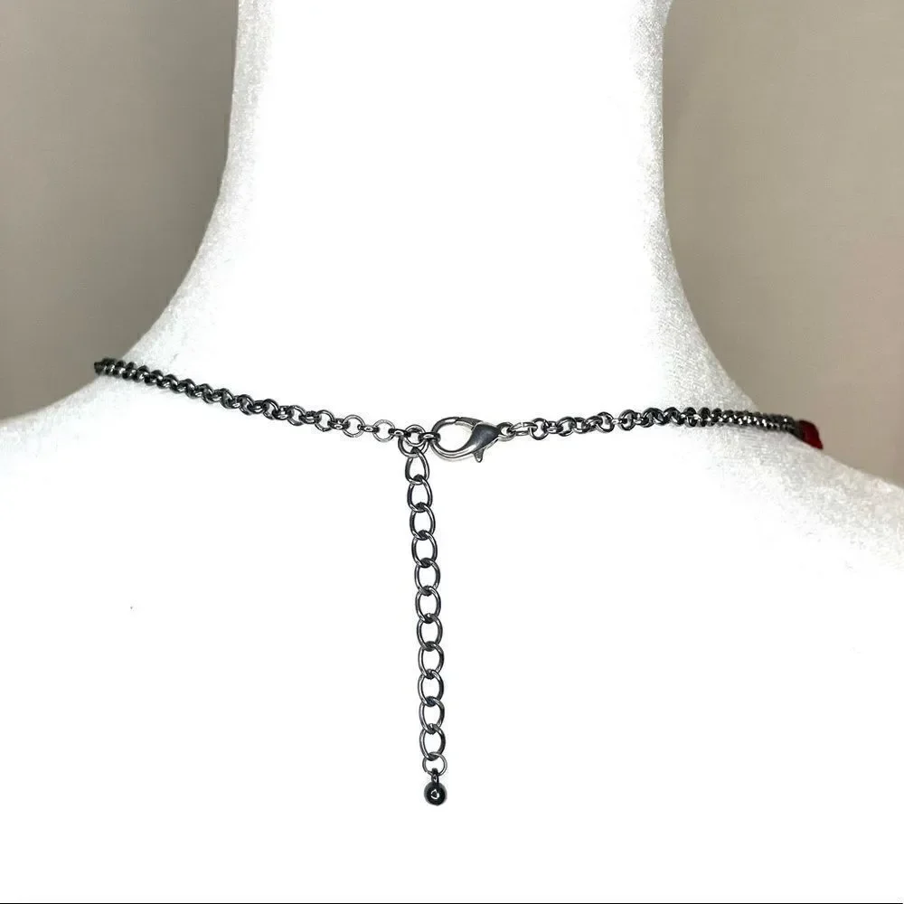 Necklace Earring Set Red resin Beads Stones Gunmetal Chain Matching